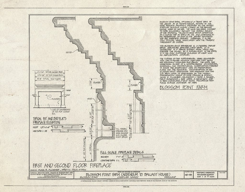 Blueprint First and Second Floor Fireplace Details - Blossom Point Farm, La Plata, Charles County, MD