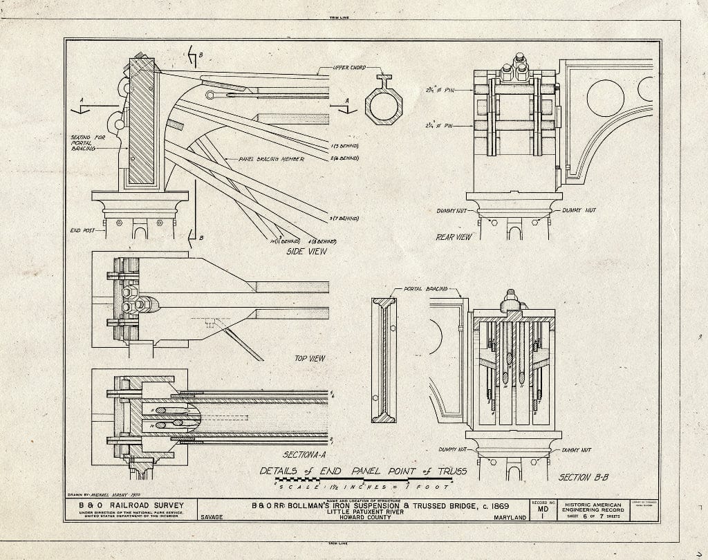 Blueprint Details of End Panel Point of Truss - Baltimore & Ohio Railroad, Bollman Truss Bridge, Spanning Little Patuxent River, Savage, Howard County, MD