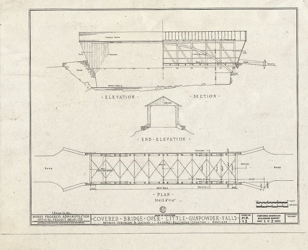 Blueprint 1. Elevation, Section, End Elevation, Plan - Covered Bridge, Jericho Road Spanning Little Gunpowder Falls, Jerusalem, Baltimore County, MD