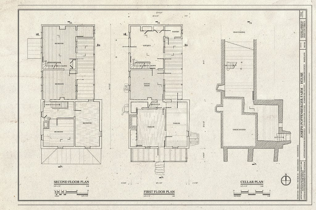 Blueprint Cellar Plan, First Floor Plan, Second Floor Plan - Joseph Poffenberger Farm, House, 17834 Mansfield Avenue, Sharpsburg, Washington County, MD