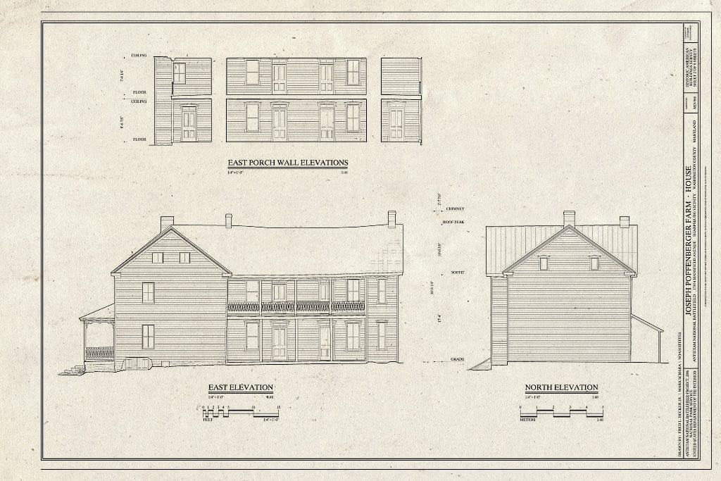 Blueprint East Elevation, North Elevation, East Porch Wall elevations - Joseph Poffenberger Farm, House, 17834 Mansfield Avenue, Sharpsburg, Washington County, MD