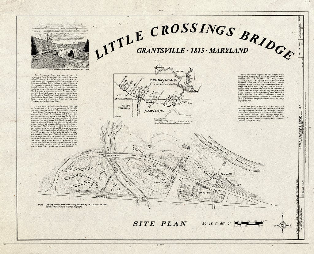 Blueprint Site Plan, Location Map - Little Crossings Bridge, National Road (U.S. Route 40) Spanning Casselman River, Grantsville, Garrett County, MD