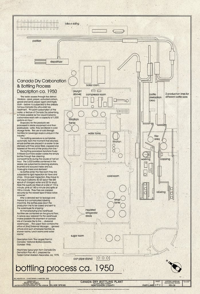 Blueprint Bottling Process, ca. 1950 - Canada Dry Bottling Plant, 1201 East-West Highway, Silver Spring, Montgomery County, MD