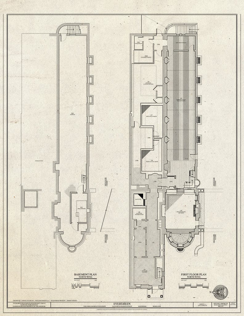 Blueprint Basement and First Floor Plans North Wing - Evergreen, 4545 North Charles Street, Baltimore, Independent City, MD