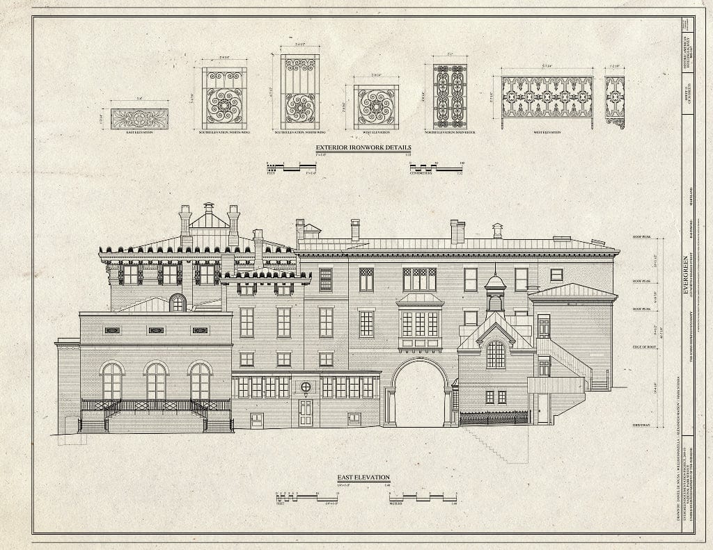 Blueprint East Elevation and Exterior Ironwork Details - Evergreen, 4545 North Charles Street, Baltimore, Independent City, MD