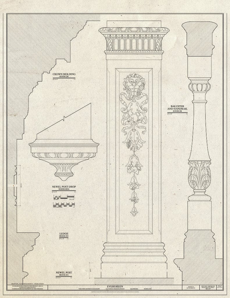 Blueprint Baluster and Hand Rail, and Newel Details - Evergreen, 4545 North Charles Street, Baltimore, Independent City, MD