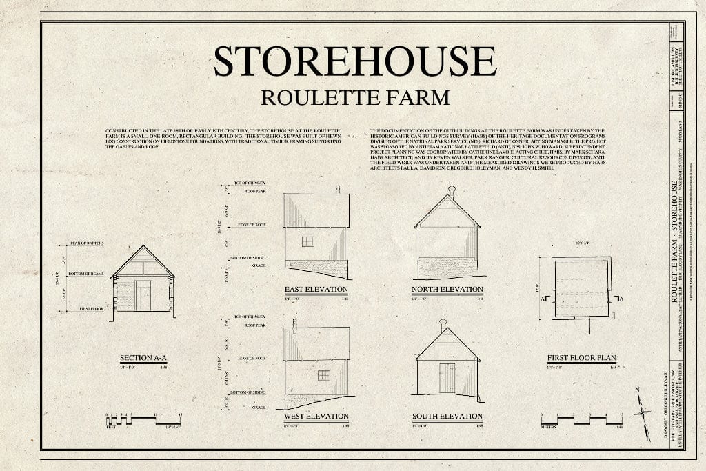 Blueprint Elevations, First Floor Plan, Section, Project Information - Roulette Farm, Storehouse, Sharpsburg, Washington County, MD