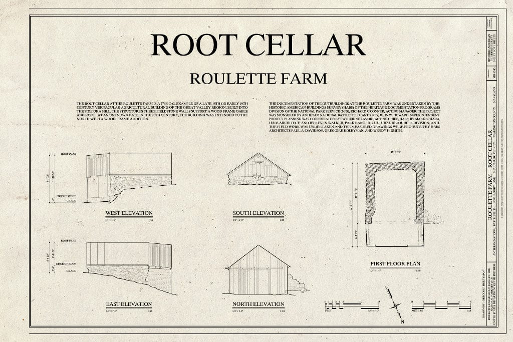 Blueprint Elevations, First Floor Plan, and Project Information - Roulette Farm, Root Cellar, Sharpsburg, Washington County, MD