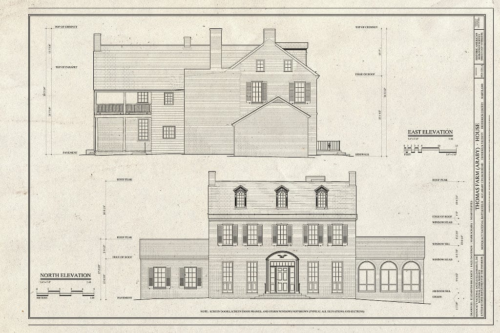 Blueprint East and North Elevations - Thomas Farm, House, 4632 Araby Church Road, Frederick, Frederick County, MD