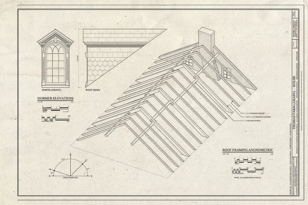 Blueprint Dormer Elevations and Roof Framing Axonometric - Thomas Farm, House, 4632 Araby Church Road, Frederick, Frederick County, MD