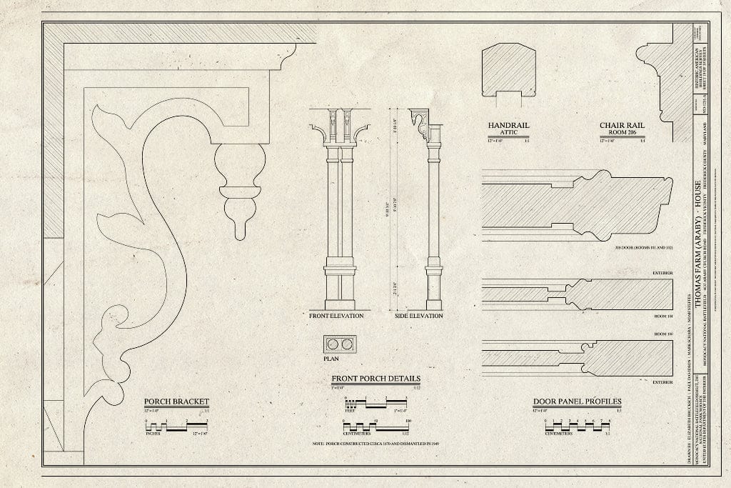 Blueprint Front Porch Details and Porch Bracket - Thomas Farm, House, 4632 Araby Church Road, Frederick, Frederick County, MD