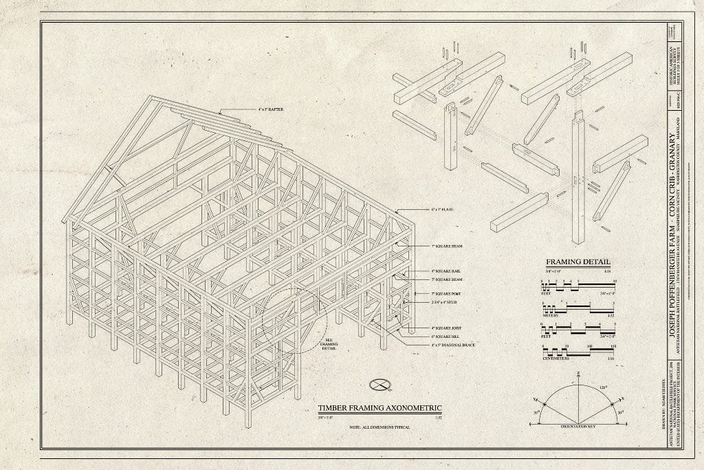 Blueprint framing Details; Timber framing axonometric - Joseph Poffenberger Farm, Corn Crib - Granary, 17834 Mansfield Avenue, Sharpsburg, Washington County, MD