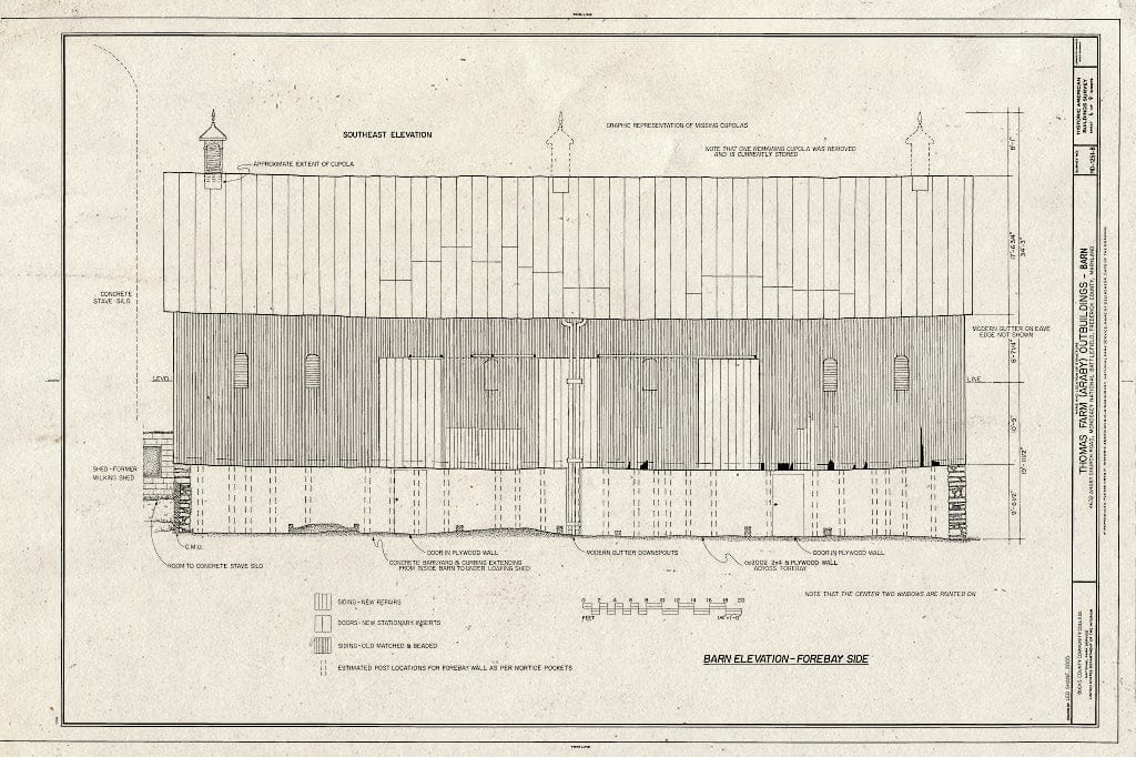 Blueprint Barn Elevation - Forebay Side - Thomas Farm, Barn, 4632 Araby Church Road, Frederick, Frederick County, MD