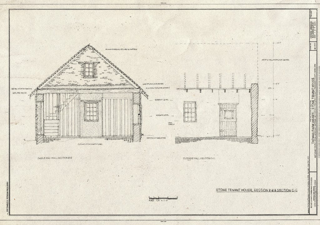 Blueprint Gable End Wall Section and Outside Wall Section - Thomas Farm, Stone Tenant House, 4632 Araby Church Road, Frederick, Frederick County, MD