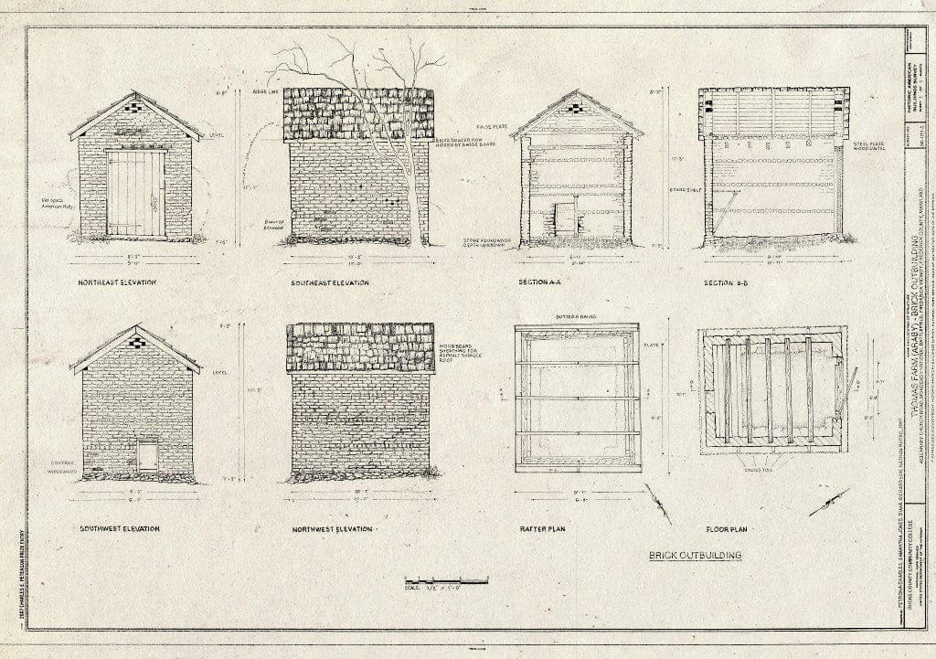 Blueprint Elevations, Section, Rafter Plan and Floor Plan - Thomas Farm, Brick Outbuilding, 4632 Araby Church Road, Frederick, Frederick County, MD