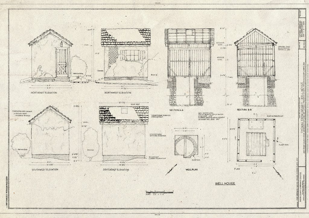 Blueprint Elevations, Section, Well Plan and Plan - Thomas Farm, Well House, 4632 Araby Church Road, Frederick, Frederick County, MD