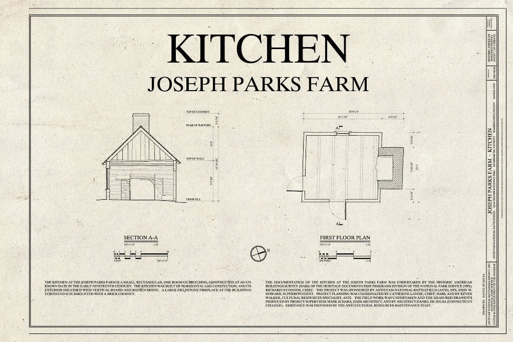 Blueprint First Floor Plan and Section - Joseph Parks Farm, Kitchen, 16442 Shepherdstown Pike, Sharpsburg, Washington County, MD