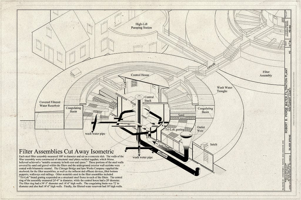 Blueprint Filter Assemblies Cut Away Isometric - Robert B. Morse Water Filtration Plant, 10700 and 10701 Columbia Pike, Silver Spring, Montgomery County, MD