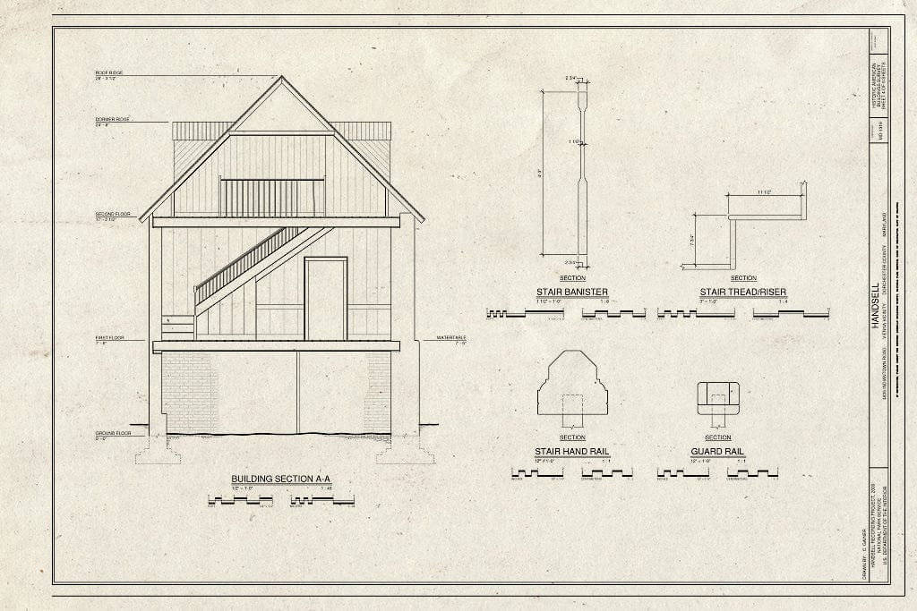 Blueprint Building Section and Stair Details - Handsell, 4837 Indiantown Road, Vienna, Dorchester County, MD