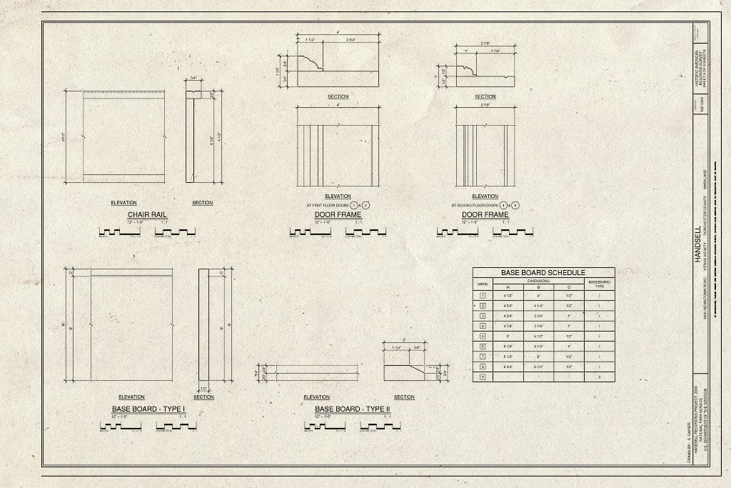 Blueprint Chair Rail, Door Frame, and Baseboard Details - Handsell, 4837 Indiantown Road, Vienna, Dorchester County, MD