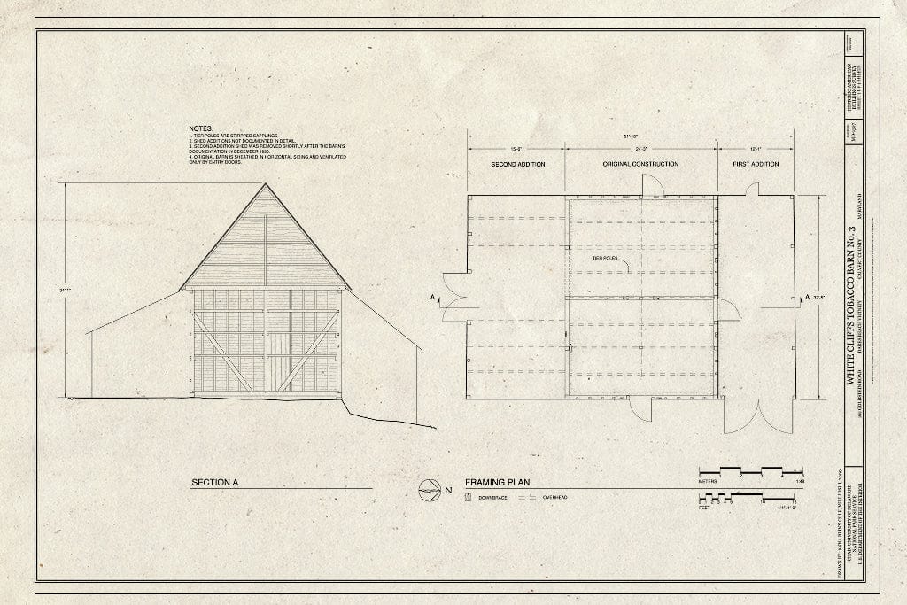 Blueprint Framing Plan & Section - White Cliff's Tobacco Barn No.3, 162 Goldstein Road, Dares Beach, Calvert County, MD