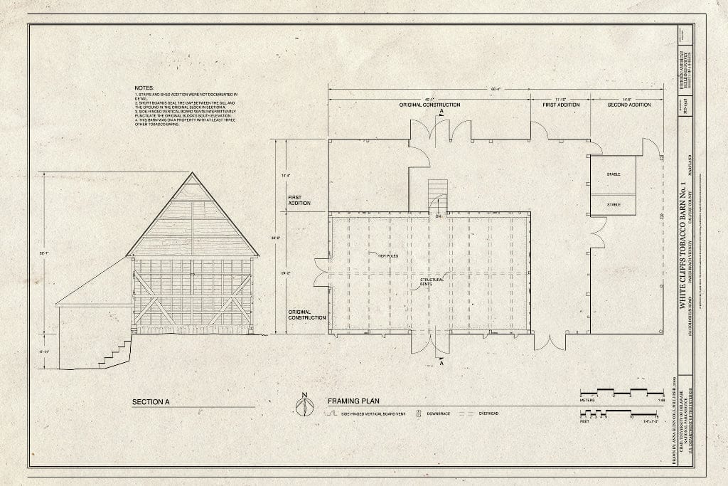 Blueprint Framing Plan & Section - White Cliff's Tobacco Barn No. 1, 162 Goldstein Road, Dares Beach, Calvert County, MD