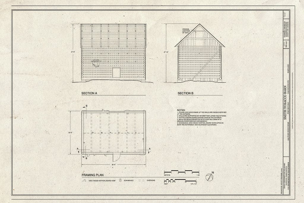 Blueprint Framing Plan & Sections - Smith Tobacco Barn, 1995 Wash Hance Road, Port Republic, Calvert County, MD