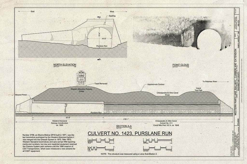 Blueprint Culvert No. 1423, Purslane Run - Western Maryland Railway, Cumberland Extension, Pearre to North Branch, from WM Milepost 125 to 160, Pearre, Washington County, MD