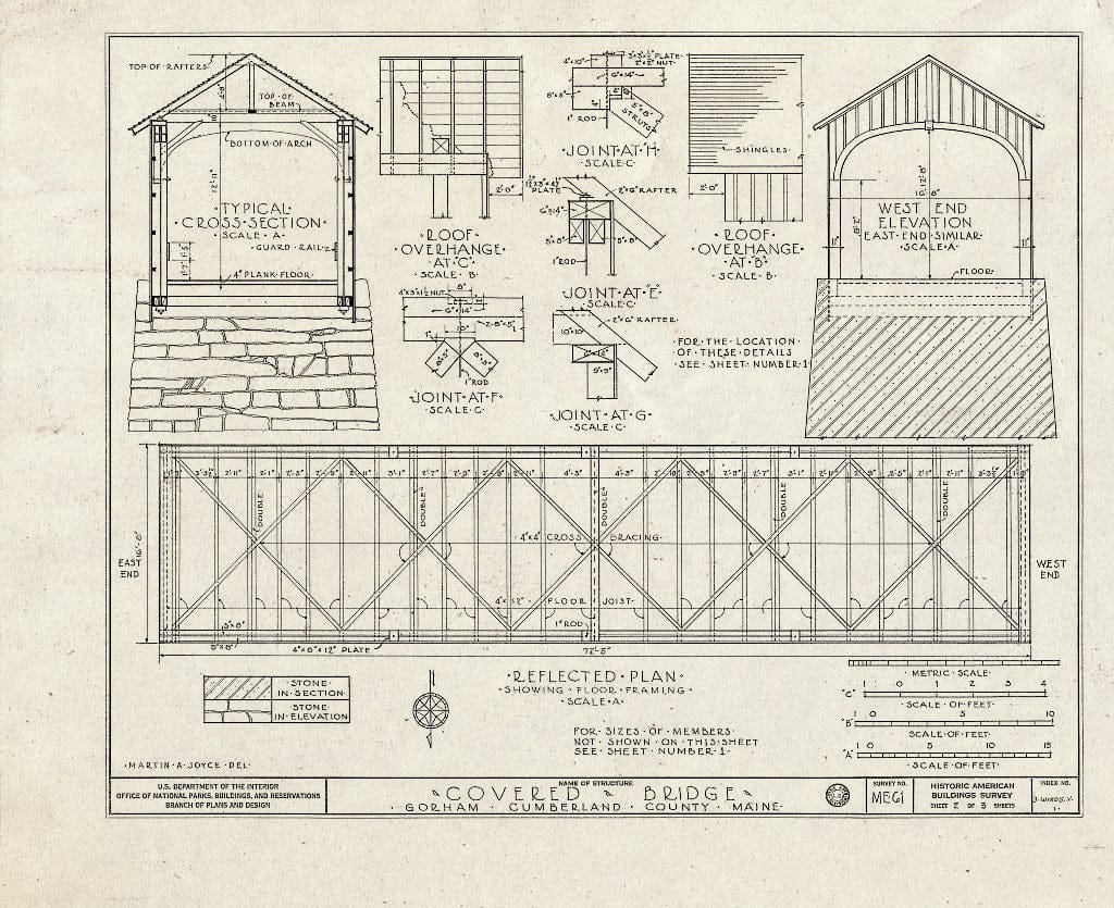 Blueprint Details, Typical Cross Section, West End Elevation, Reflected Plan - Covered Bridge, Harry Cane Road spanning Presumpscot River, South Windham, Cumberland County, ME