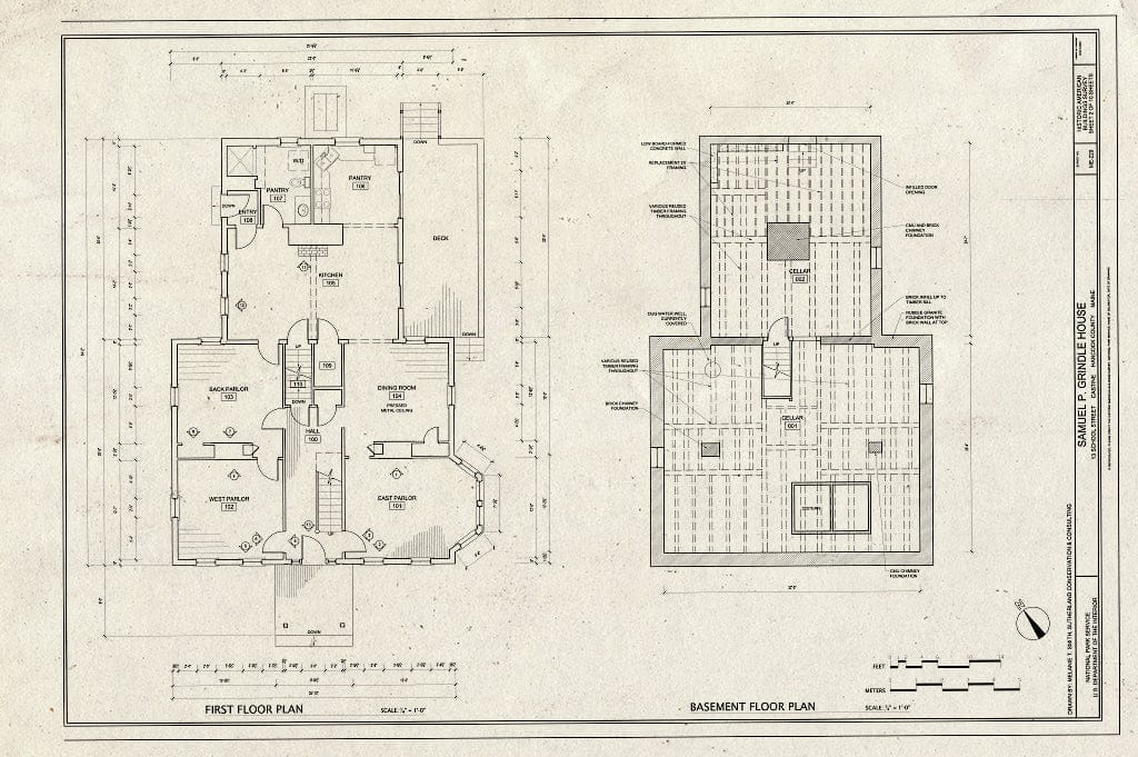 Blueprint First Floor Plan & Basement Plan - Samuel P. Grindle House, 13 School Street, Castine, Hancock County, ME