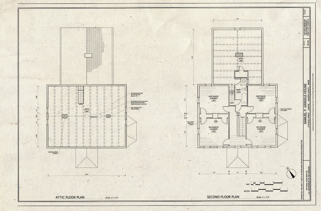 Blueprint Attic Floor Plan & Second Floor Plan - Samuel P. Grindle House, 13 School Street, Castine, Hancock County, ME