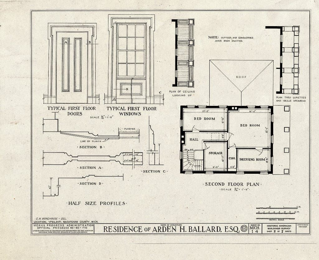 Blueprint 2. Second Floor Plan; Window and Door Details - Arden H. Ballard House, 218 North Washington Street, Ypsilanti, Washtenaw County, MI