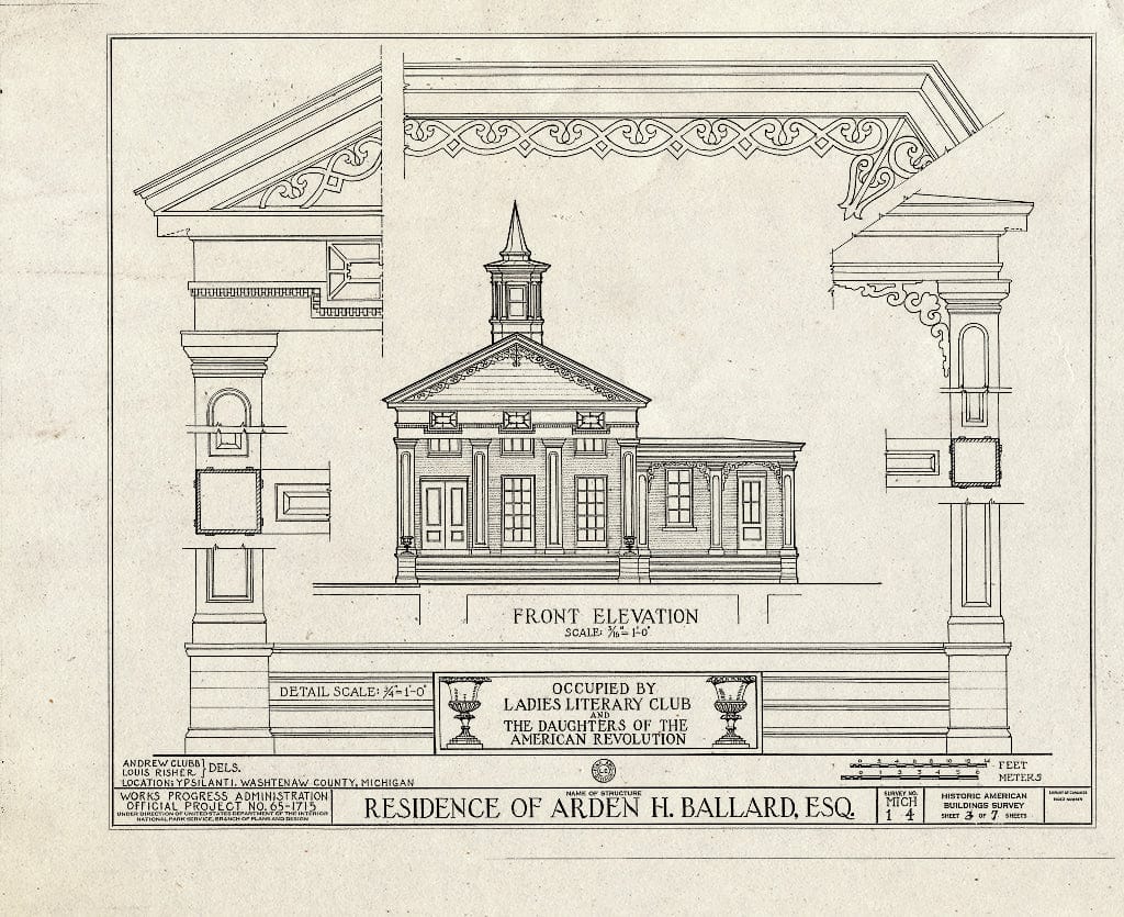 Blueprint 3. Front Elevation and Details - Arden H. Ballard House, 218 North Washington Street, Ypsilanti, Washtenaw County, MI