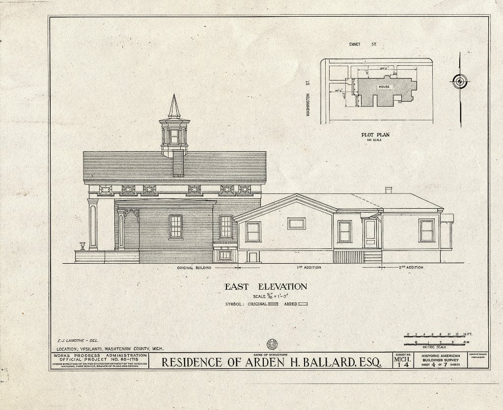 Blueprint 4. East Elevation and plot Plan - Arden H. Ballard House, 218 North Washington Street, Ypsilanti, Washtenaw County, MI