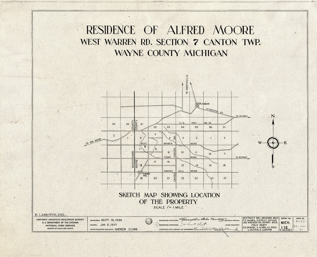 Blueprint 0. Cover Sheet with Sketch map - Alfred Moore House, West Warren & Ridge Roads, Canton, Wayne County, MI