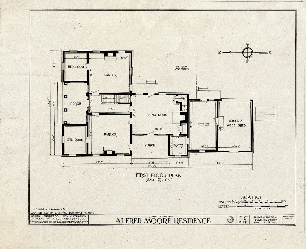 Blueprint 1. First Floor Plan - Alfred Moore House, West Warren & Ridge Roads, Canton, Wayne County, MI