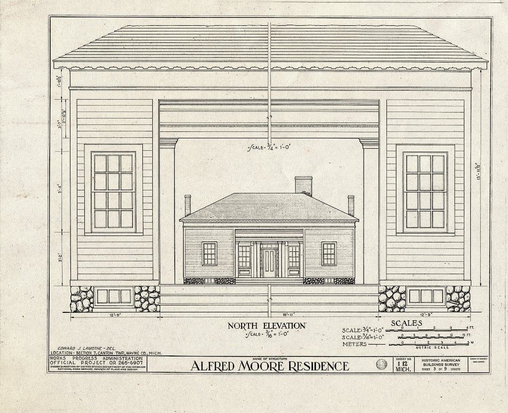 Blueprint 3. North Elevation - Alfred Moore House, West Warren & Ridge Roads, Canton, Wayne County, MI