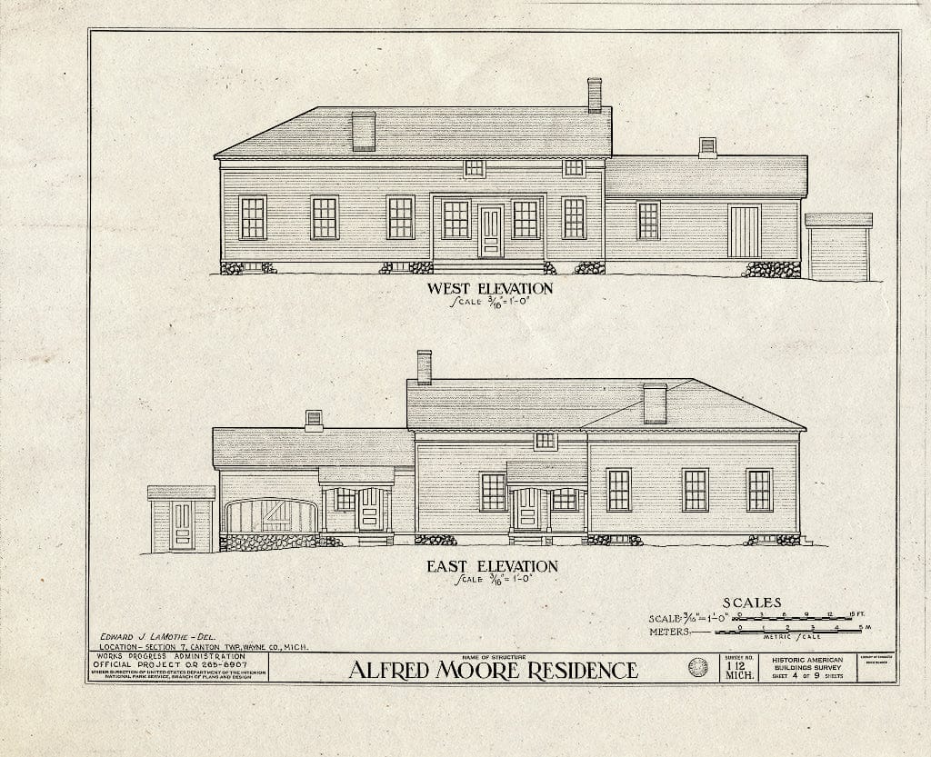 Blueprint 4. West and East elevations - Alfred Moore House, West Warren & Ridge Roads, Canton, Wayne County, MI