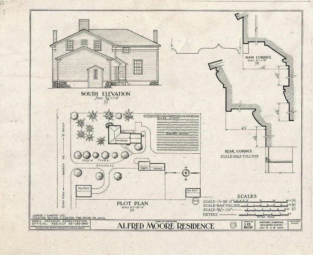 Blueprint 5. South Elevation, plot Plan, Main and Rear cornices - Alfred Moore House, West Warren & Ridge Roads, Canton, Wayne County, MI