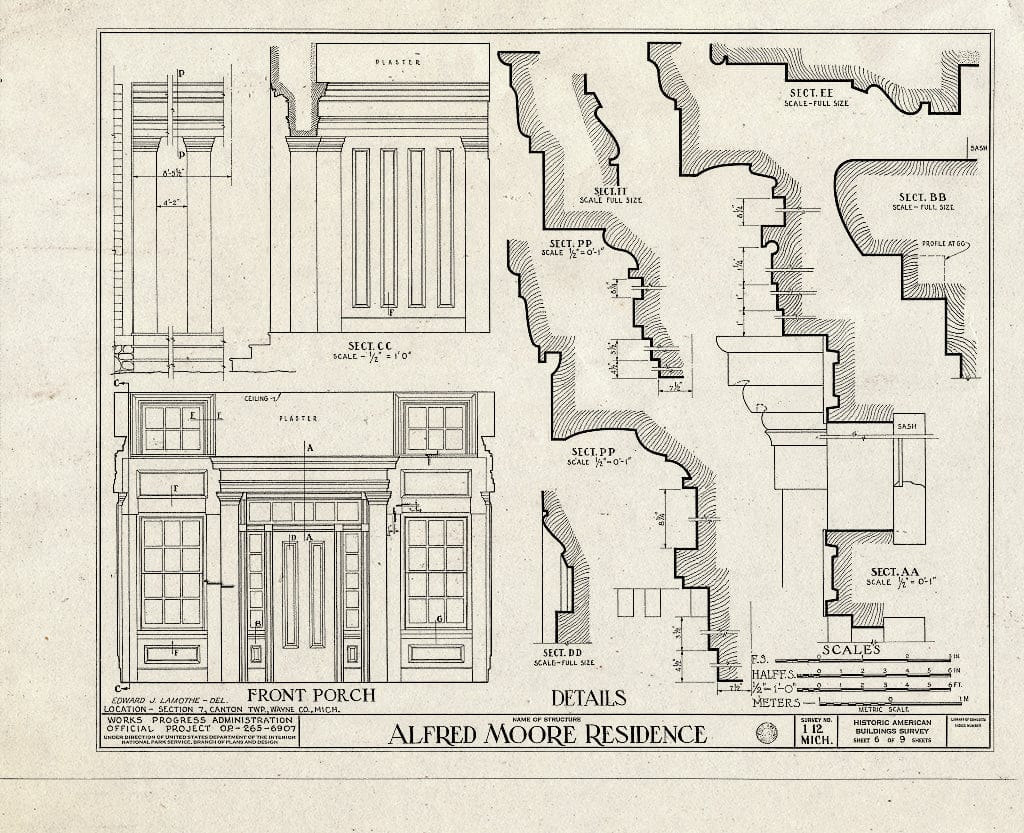 Blueprint 6. Front Porch - Alfred Moore House, West Warren & Ridge Roads, Canton, Wayne County, MI