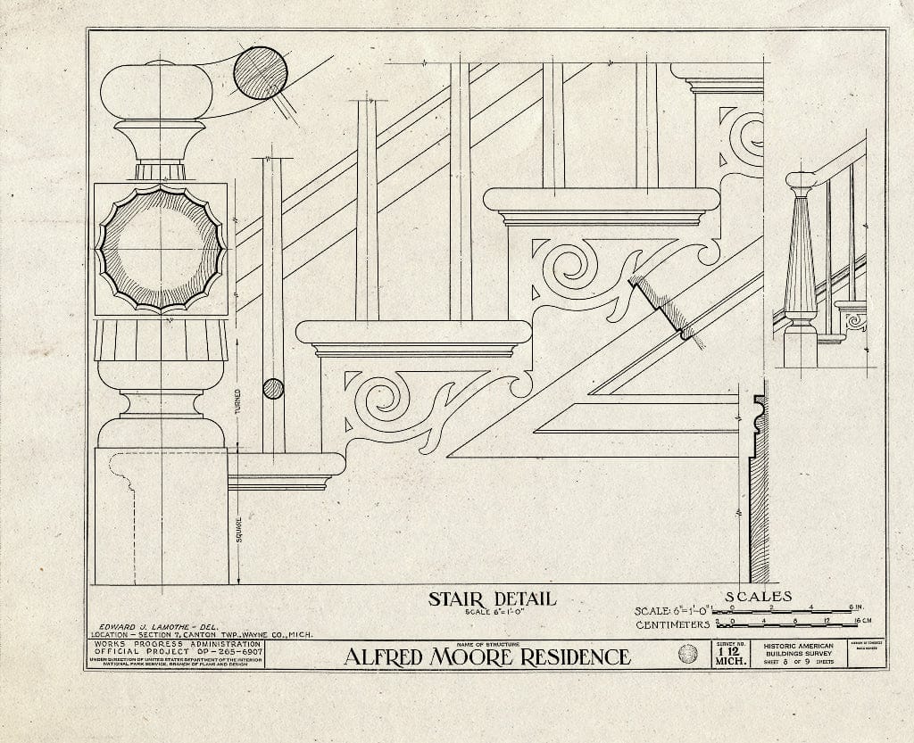 Blueprint 8. Stair Detail - Alfred Moore House, West Warren & Ridge Roads, Canton, Wayne County, MI