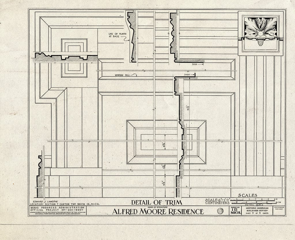 Blueprint 9. Trim Details - Alfred Moore House, West Warren & Ridge Roads, Canton, Wayne County, MI