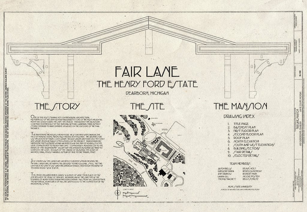 Blueprint Cover Sheet - Fair Lane Mansion, 4901 Evergreen Road, Dearborn, MI