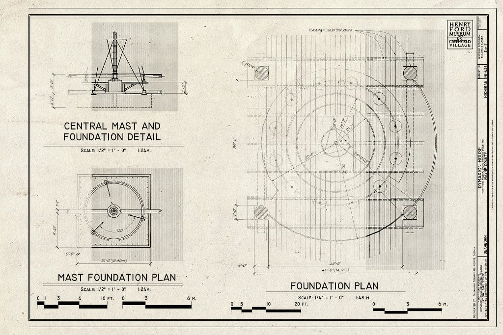 Blueprint Foundation Plan, Mast Foundation Plan, and Central Mast and Foundation Detail - Dymaxion House, 2900 Oakwood Boulevard, Dearborn, MI