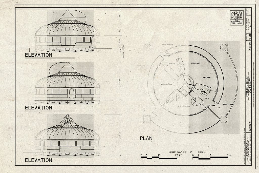 Blueprint Elevations & Plan - Dymaxion House, 2900 Oakwood Boulevard, Dearborn, MI