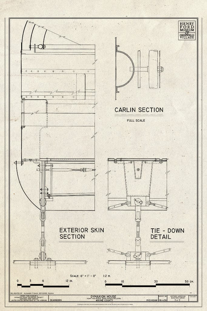 Blueprint Carlin Section, Exterior Skin Section, Tie-Down Detail - Dymaxion House, 2900 Oakwood Boulevard, Dearborn, MI