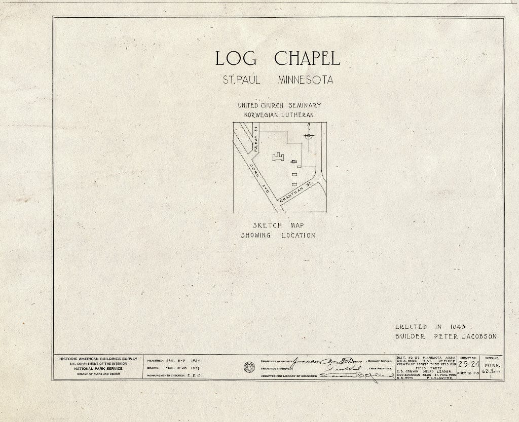 Blueprint 0. Cover Sheet - Log Chapel, Saint Paul, Ramsey County, MN