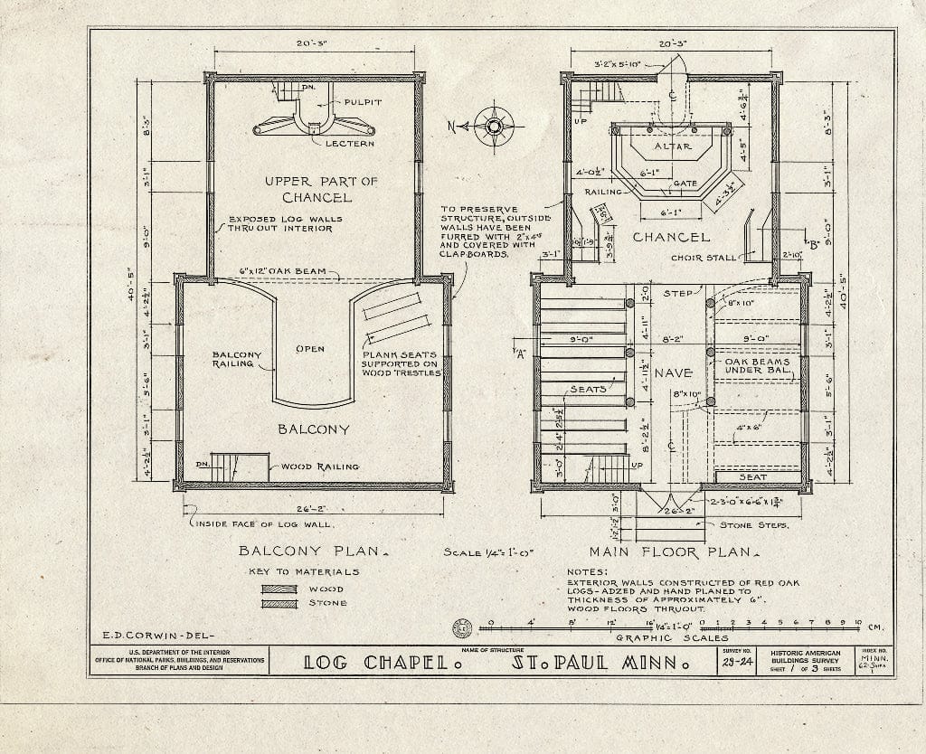 Blueprint 1. Balcony and Main Floor Plans - Log Chapel, Saint Paul, Ramsey County, MN