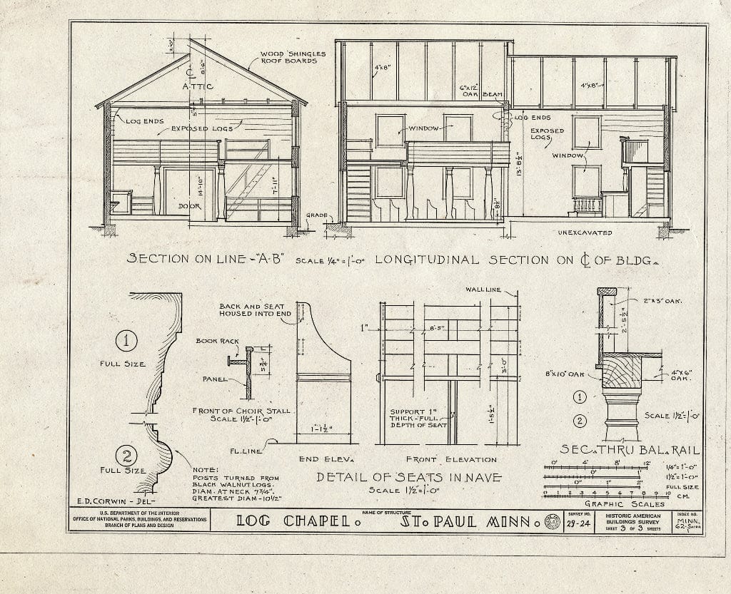 Blueprint 3. Sections (A-B, Longitudinal, Baluster Rail), Detail of Nave Seats - Log Chapel, Saint Paul, Ramsey County, MN