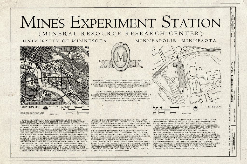 Blueprint Cover Sheet: Location Map, Site Plan, Text - Mines Experiment Station, University of Minnesota, Twin Cities Campus, 56 East River Road, Minneapolis, Hennepin County, MN